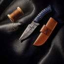 Personalised Damascus Steel Knife with Grooved Blue Wood Handle