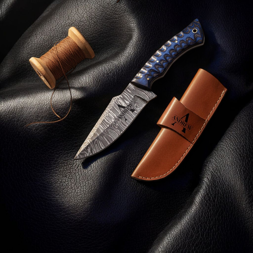 Personalised Damascus Steel Knife with Grooved Blue Wood Handle