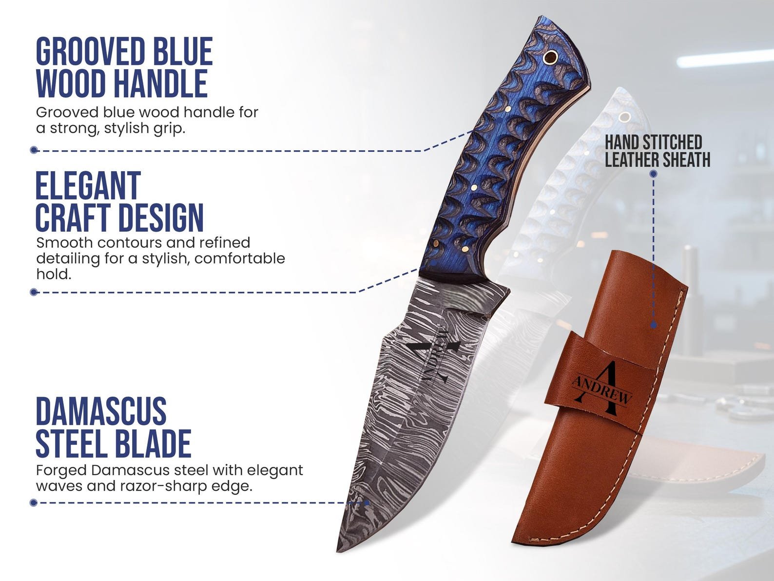 Personalised Damascus Steel Knife with Grooved Blue Wood Handle - Image 2