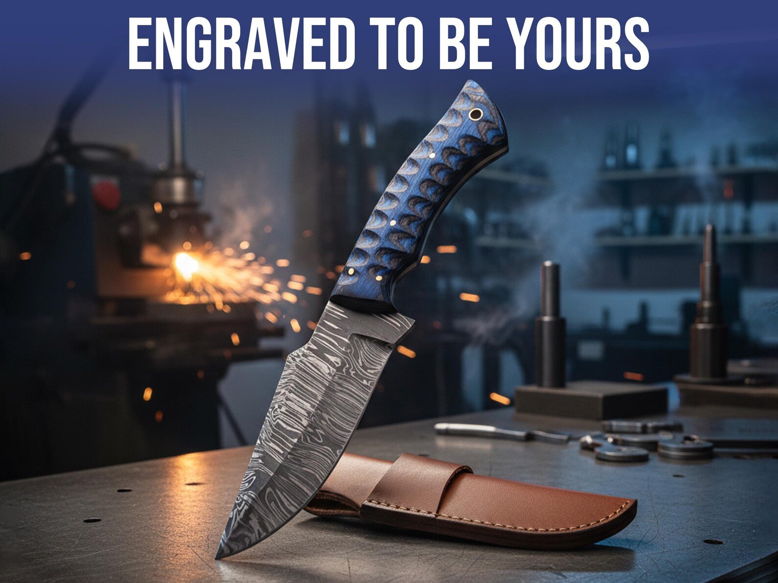 Personalised Damascus Steel Knife with Grooved Blue Wood Handle - Image 4