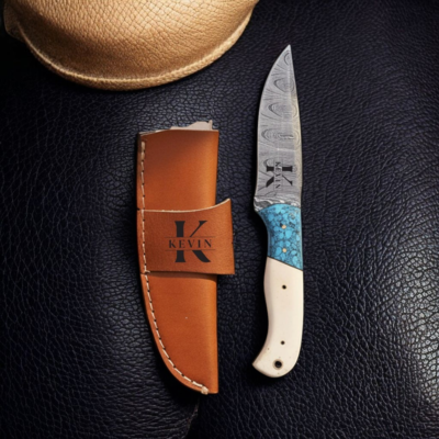 Custom Damascus Pocket Knife with Turquoise Resin & Camel Bone Handle