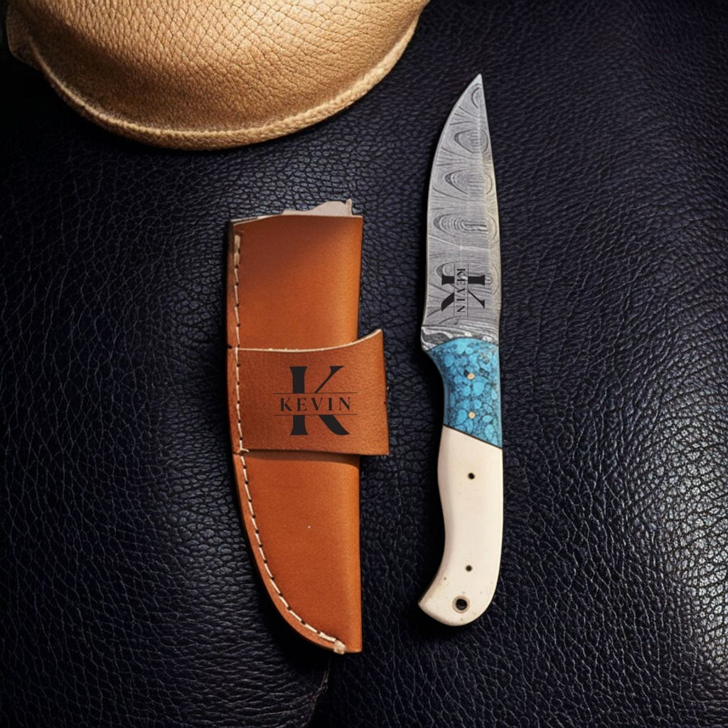 Custom Damascus Pocket Knife with Turquoise Resin & Camel Bone Handle