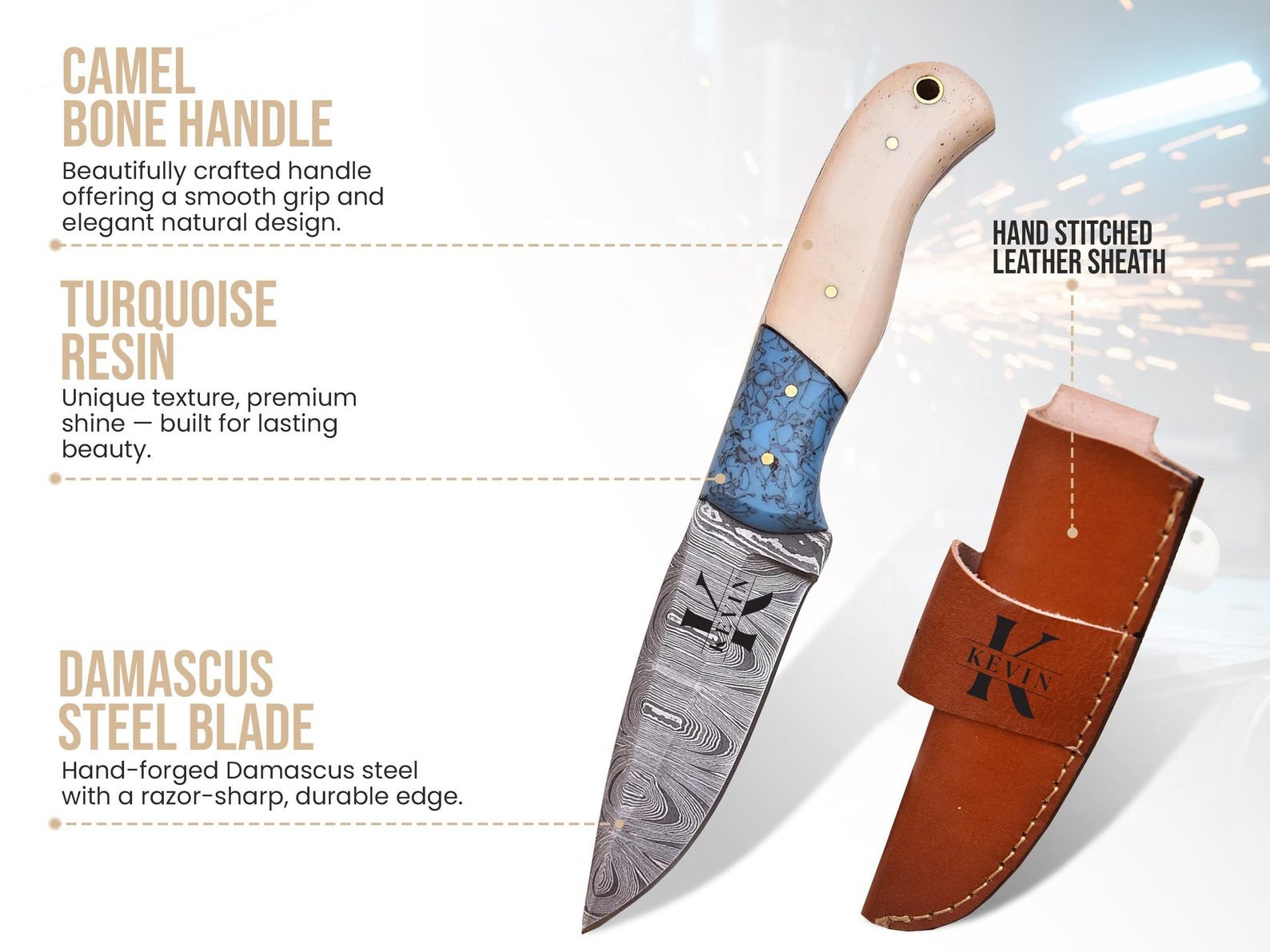 Custom Damascus Pocket Knife with Turquoise Resin & Camel Bone Handle - Image 3