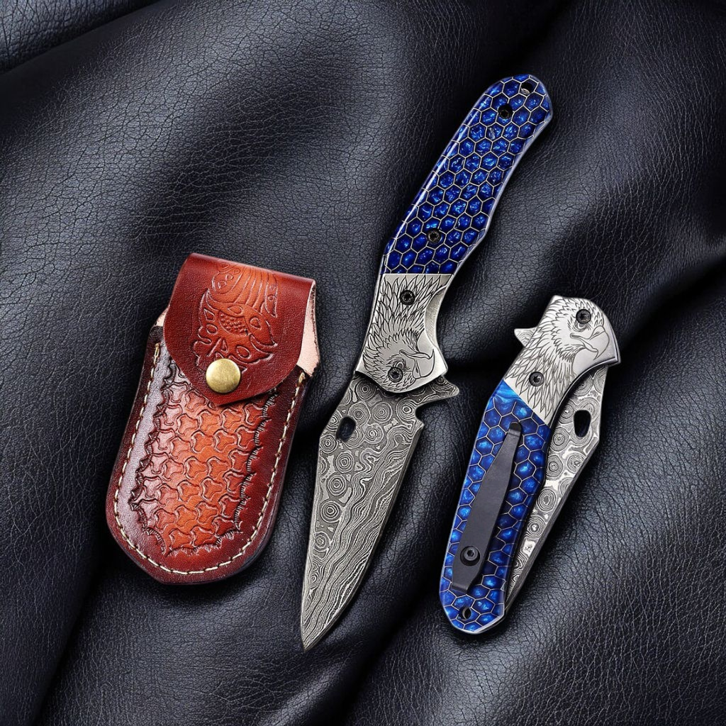 Hand-Forged Damascus Pocket Knife with Blue Honeycomb Handle