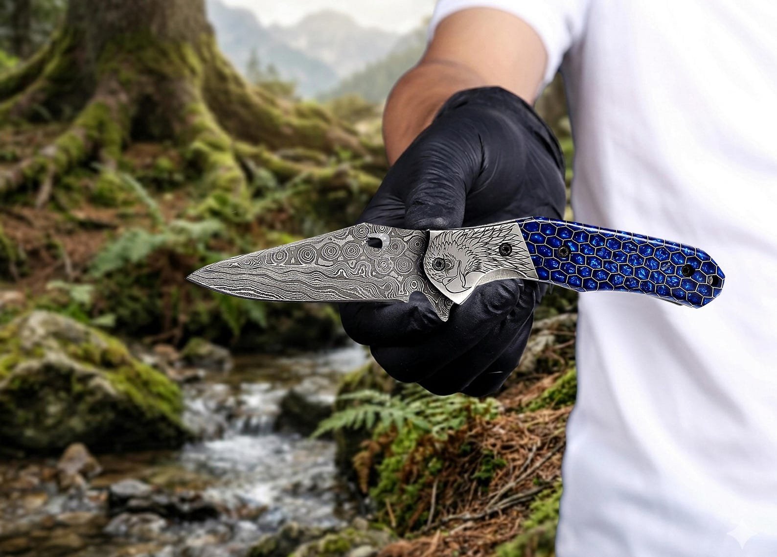 Hand-Forged Damascus Pocket Knife with Blue Honeycomb Handle - Image 9