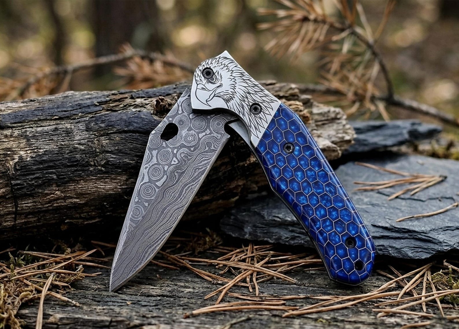 Hand-Forged Damascus Pocket Knife with Blue Honeycomb Handle - Image 2