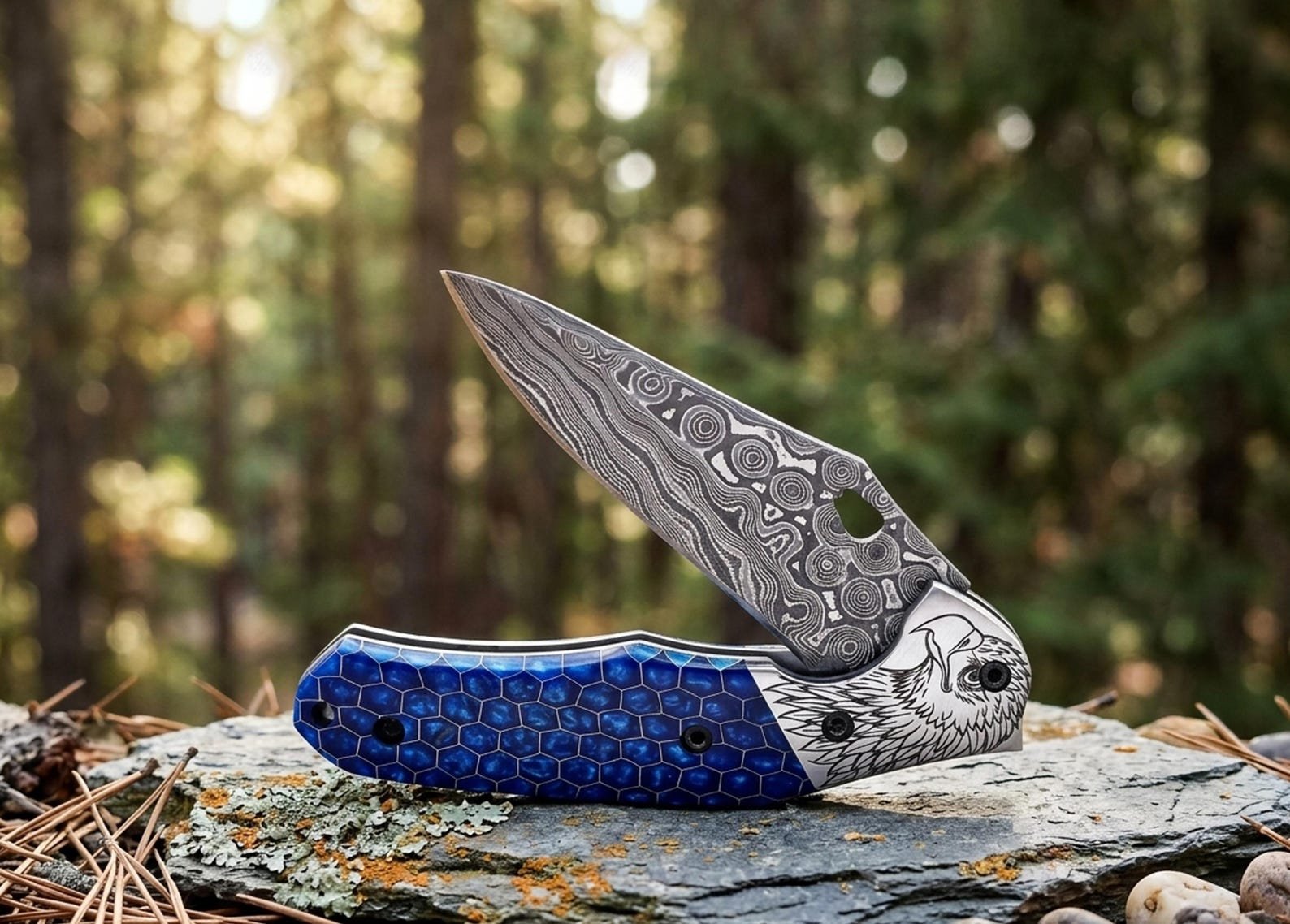 Hand-Forged Damascus Pocket Knife with Blue Honeycomb Handle - Image 3