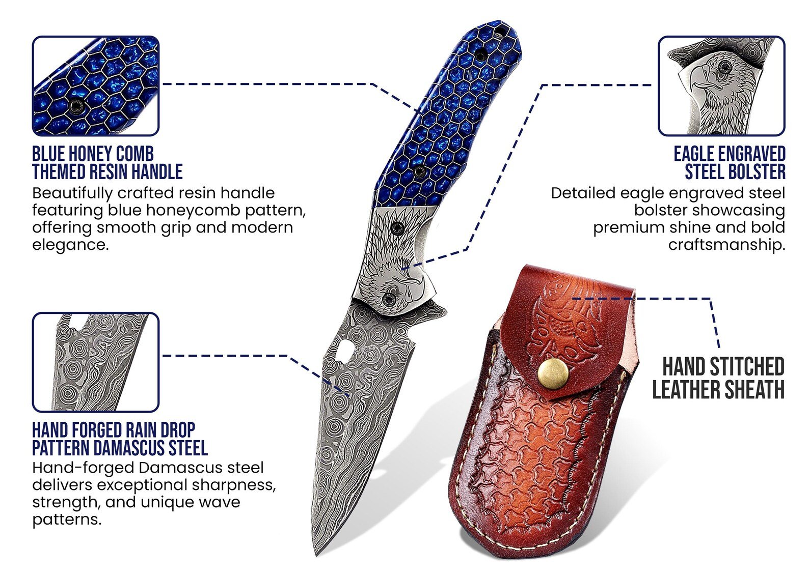Hand-Forged Damascus Pocket Knife with Blue Honeycomb Handle - Image 4
