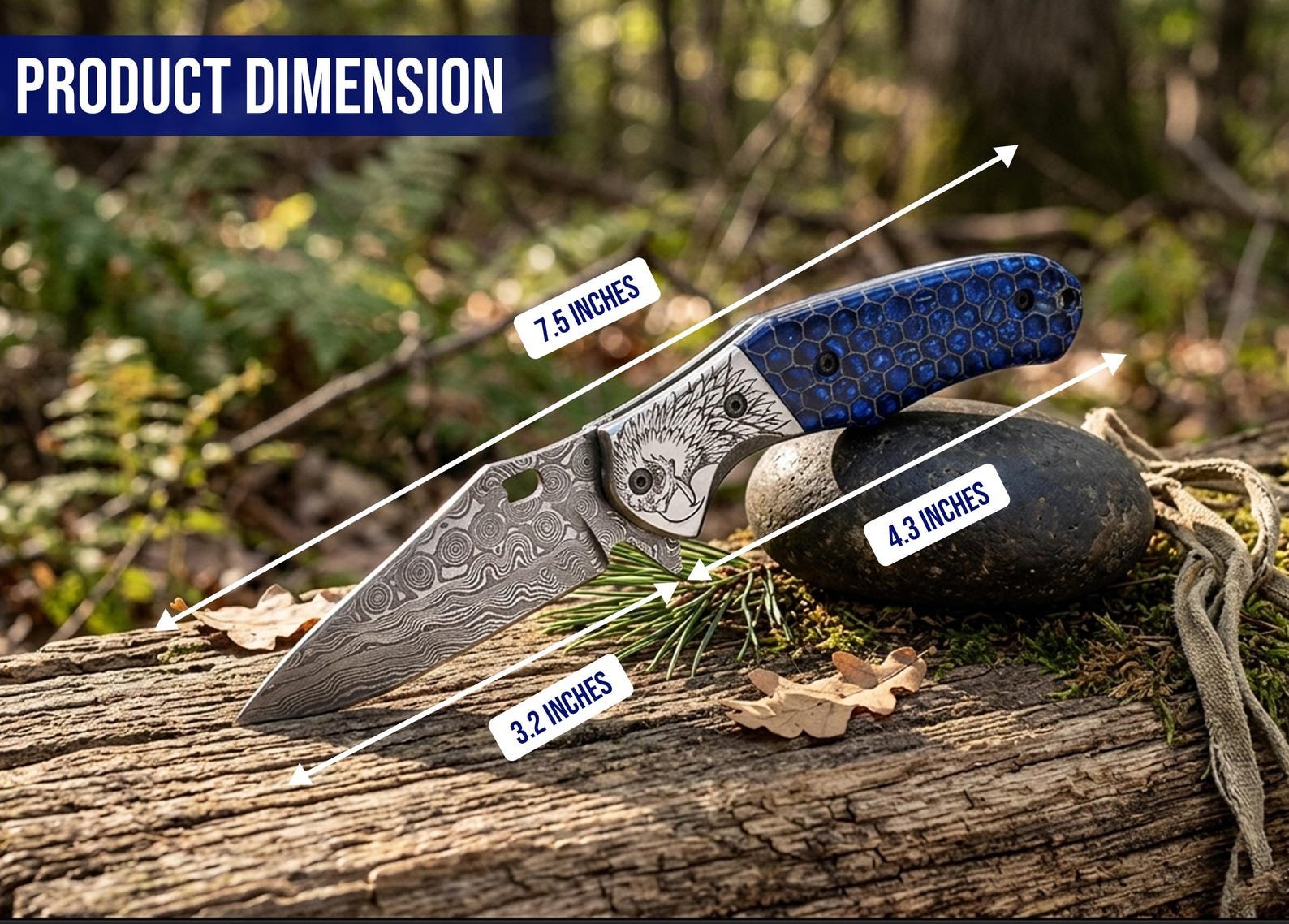 Hand-Forged Damascus Pocket Knife with Blue Honeycomb Handle - Image 5