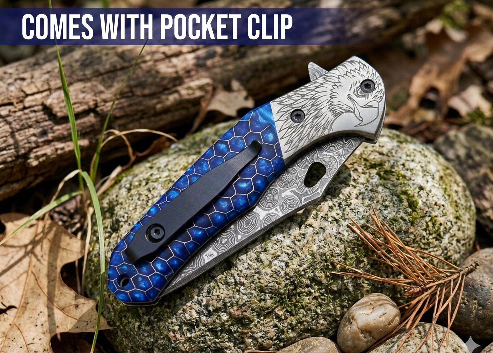 Hand-Forged Damascus Pocket Knife with Blue Honeycomb Handle - Image 6