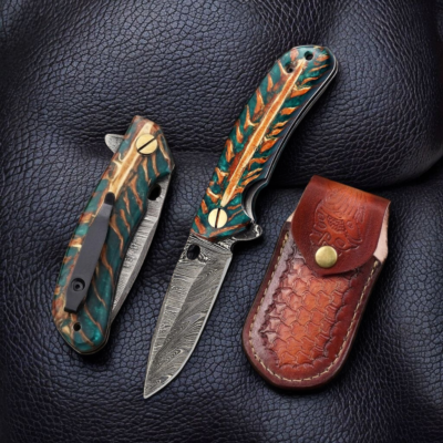 Custom Pine Cone Damascus Pocket Knife