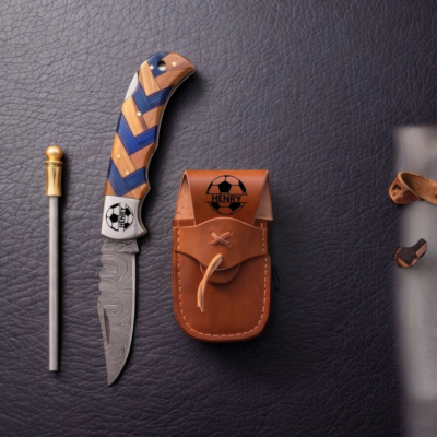 Custom Engraved Damascus Pocket Knife with Leather Sheath