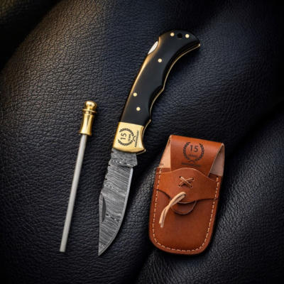 Custom Damascus Pocket Knife with Buffalo Horn Handle