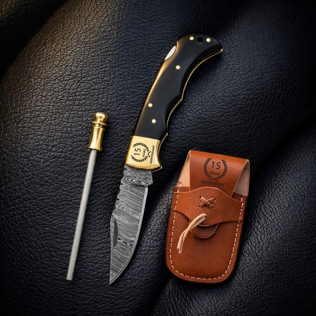 Custom Damascus Pocket Knife with Buffalo Horn Handle