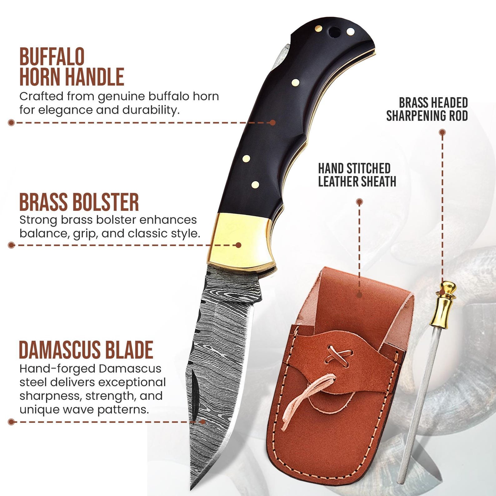 Custom Damascus Pocket Knife with Buffalo Horn Handle - Image 2