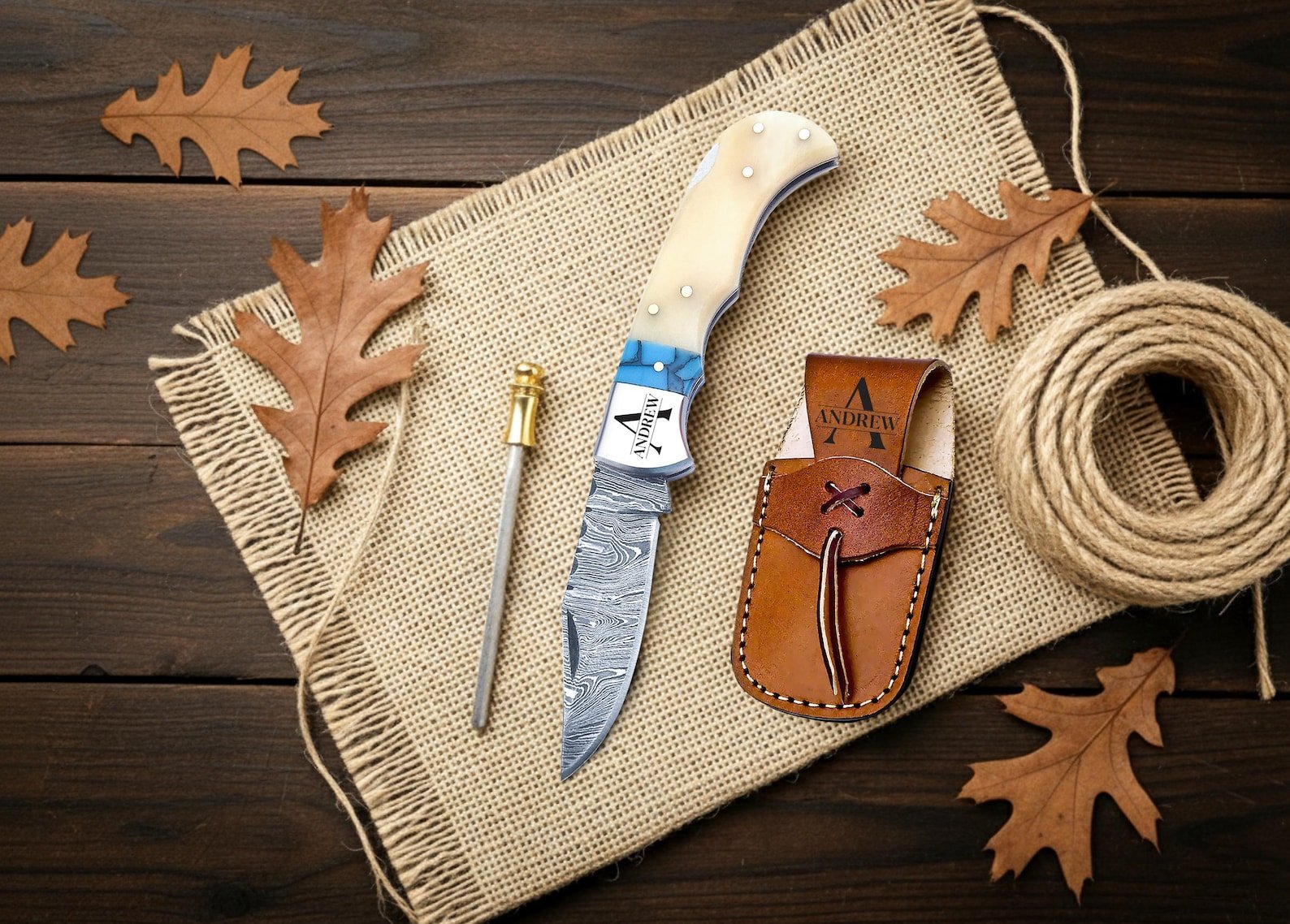 Custom Damascus Pocket Knife with Buffalo Horn Handle - Image 3