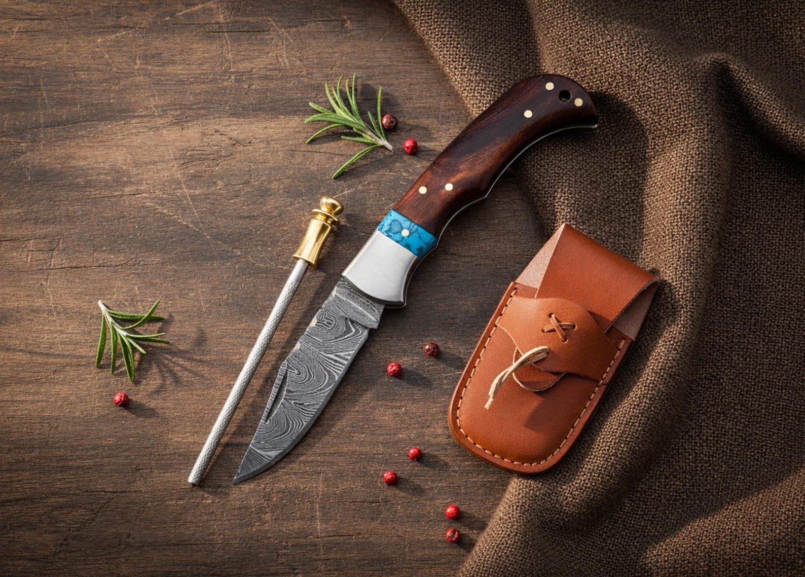 Custom Damascus Pocket Knife with Buffalo Horn Handle - Image 4