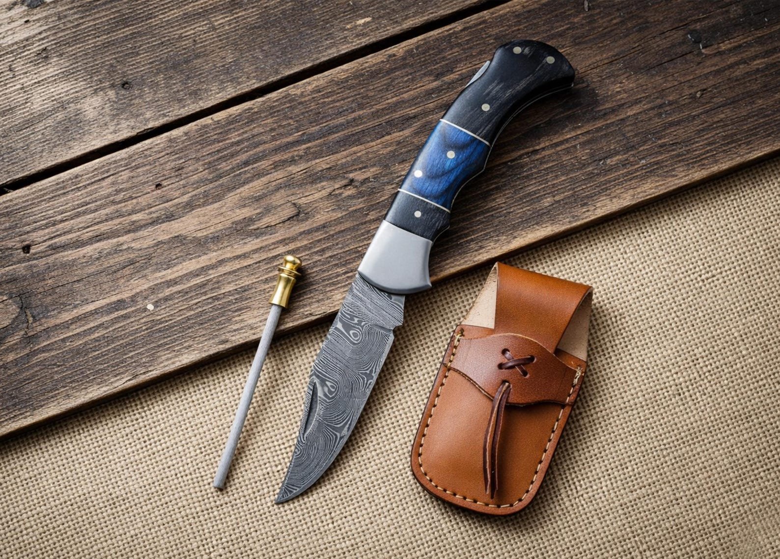 Custom Damascus Pocket Knife with Buffalo Horn Handle - Image 7