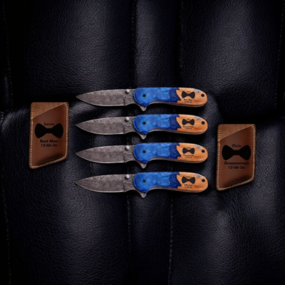 Custom Damascus Steel Pocket Knife with Ocean Resin Handle