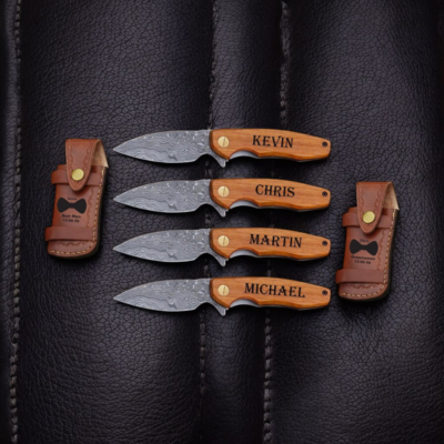 Custom Engraved Damascus Pocket Knife | Olive Wood Groomsmen Gift