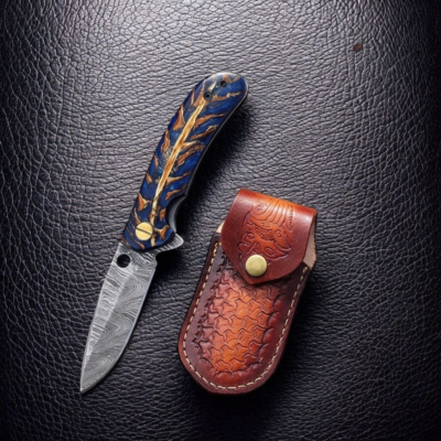 Custom Engraved Damascus Pocket Knife with Pine Cone Handle