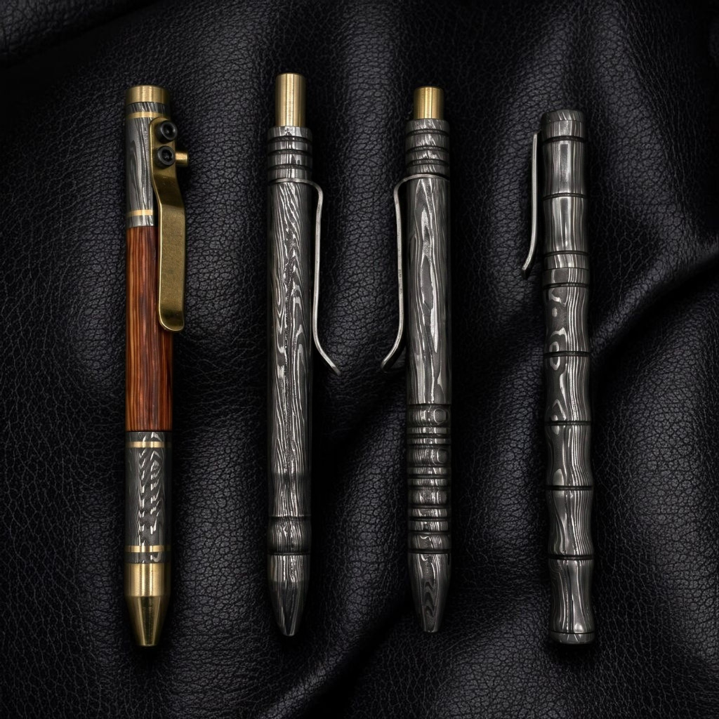 Handmade Damascus Steel Ballpoint Pen with Rosewood and Brass Inlay