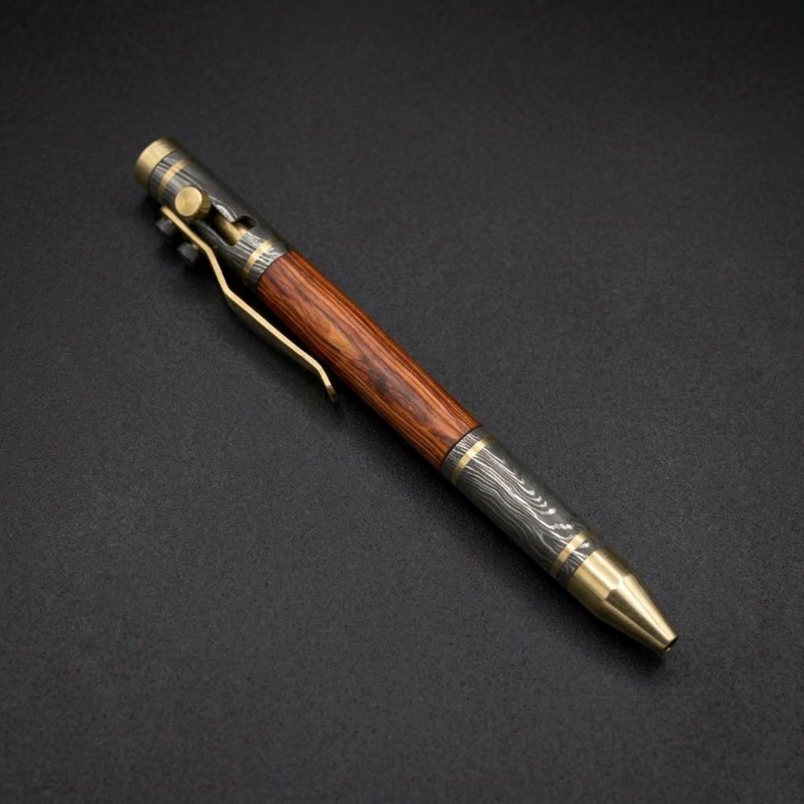 Handmade Damascus Steel Ballpoint Pen with Rosewood and Brass Inlay - Image 7