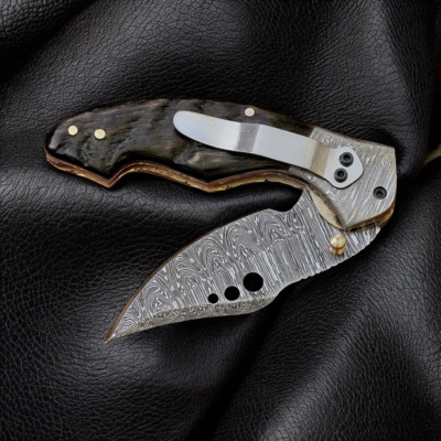 Hand Forged Damascus Steel Folding Knife with Black Horn Handle