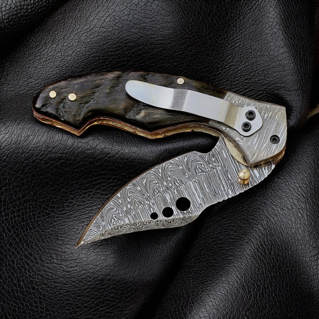 Hand Forged Damascus Steel Folding Knife with Black Horn Handle