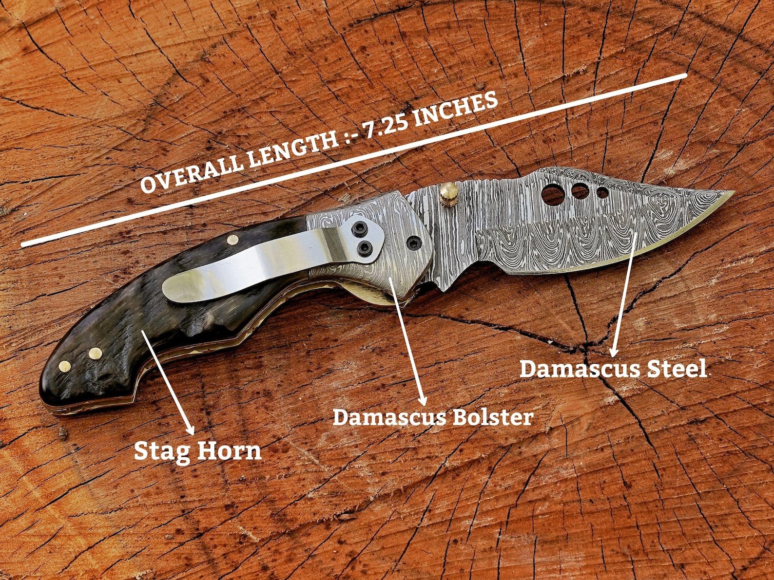 Hand Forged Damascus Steel Folding Knife with Black Horn Handle - Image 4