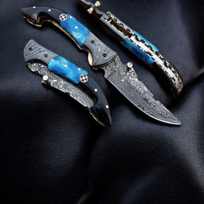 Handmade Damascus Fire Pattern Folding Knife with Camel Bone Handle