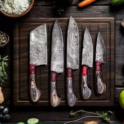 Handmade Five-Piece Damascus Steel Chef Knife Set