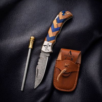 Personalized Damascus Pocket Knife with Olive Wood Handle