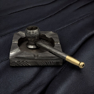Custom Hand-Forged Damascus Steel Tobacco Pipe with Brass Accents