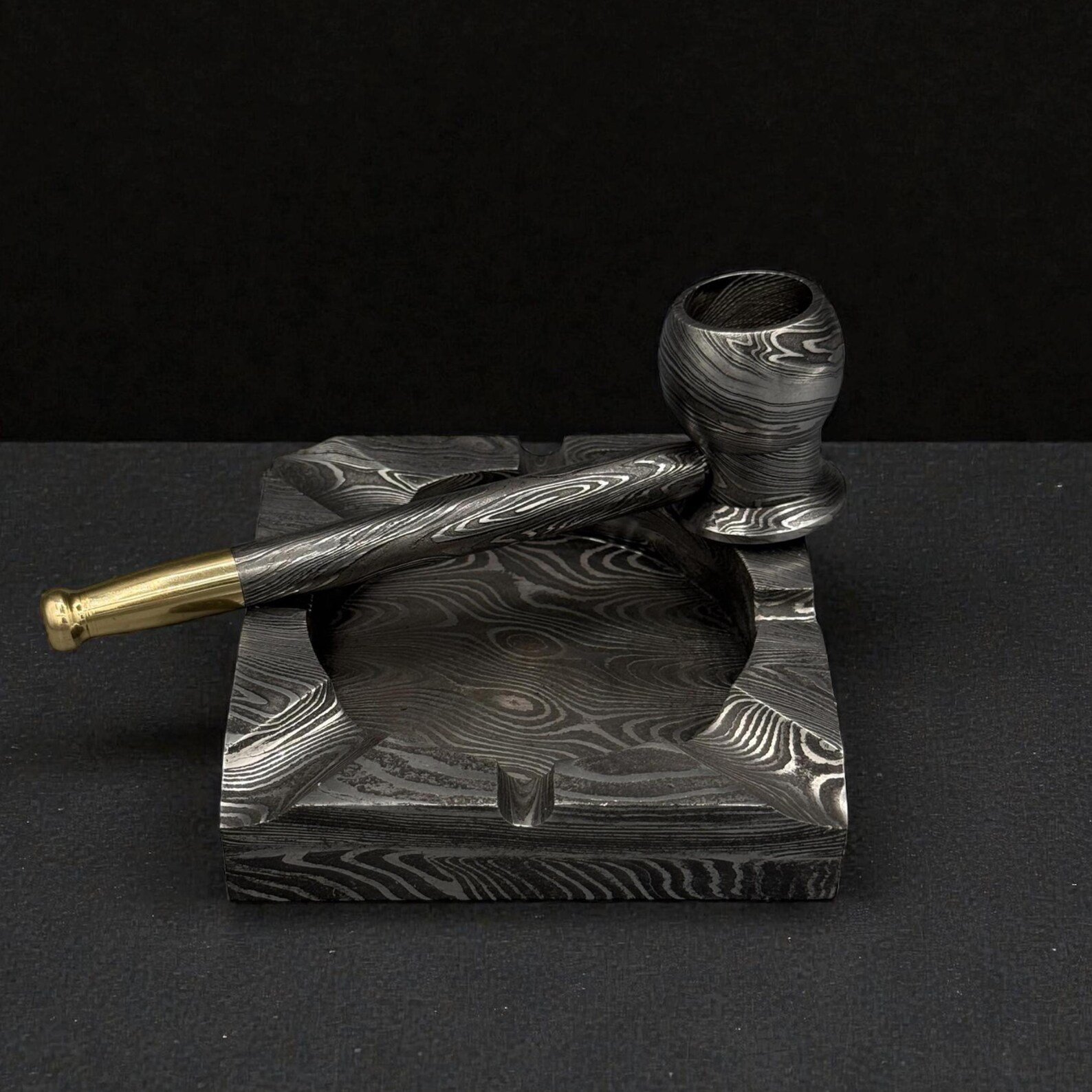 Custom Hand-Forged Damascus Steel Tobacco Pipe with Brass Accents - Image 2