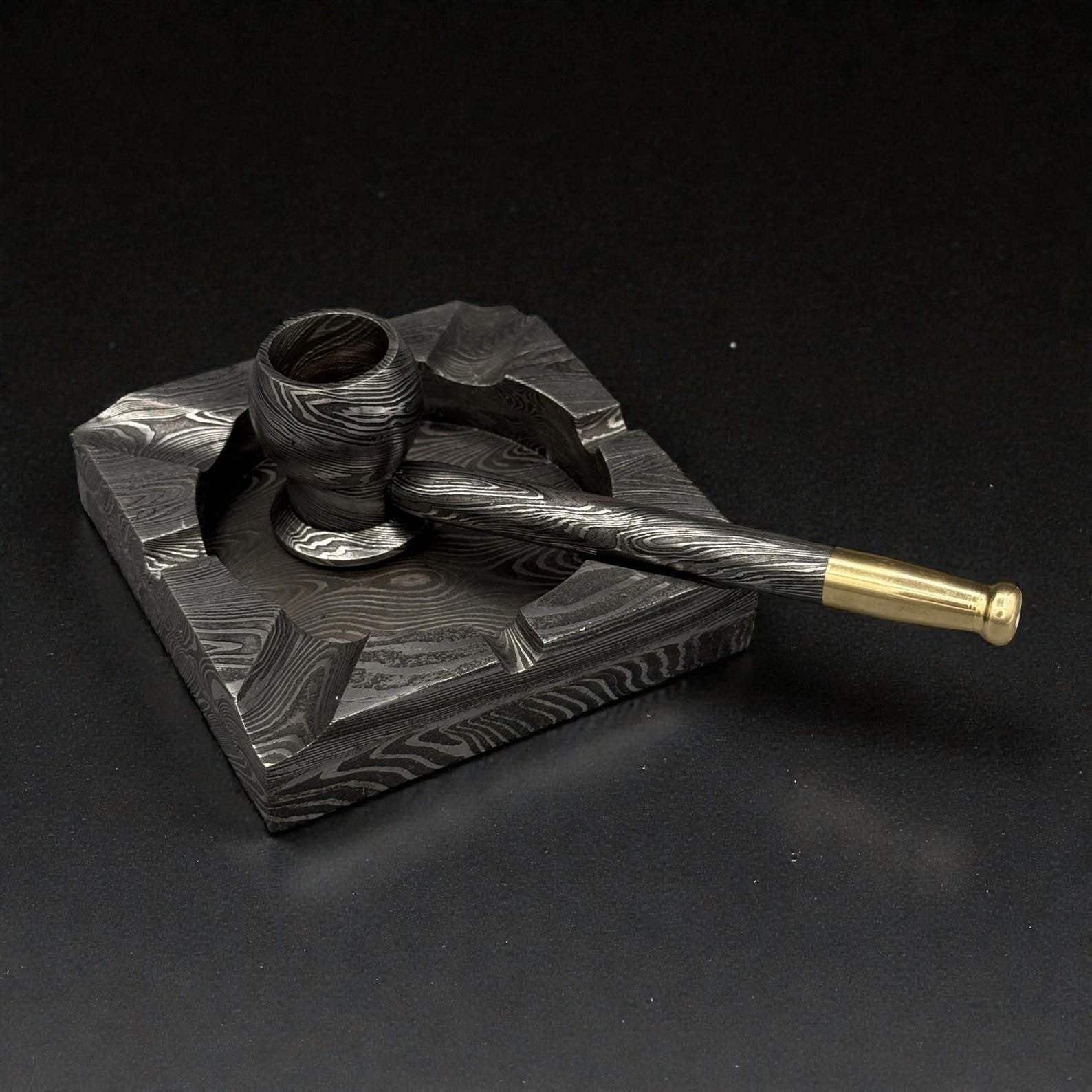Custom Hand-Forged Damascus Steel Tobacco Pipe with Brass Accents - Image 3