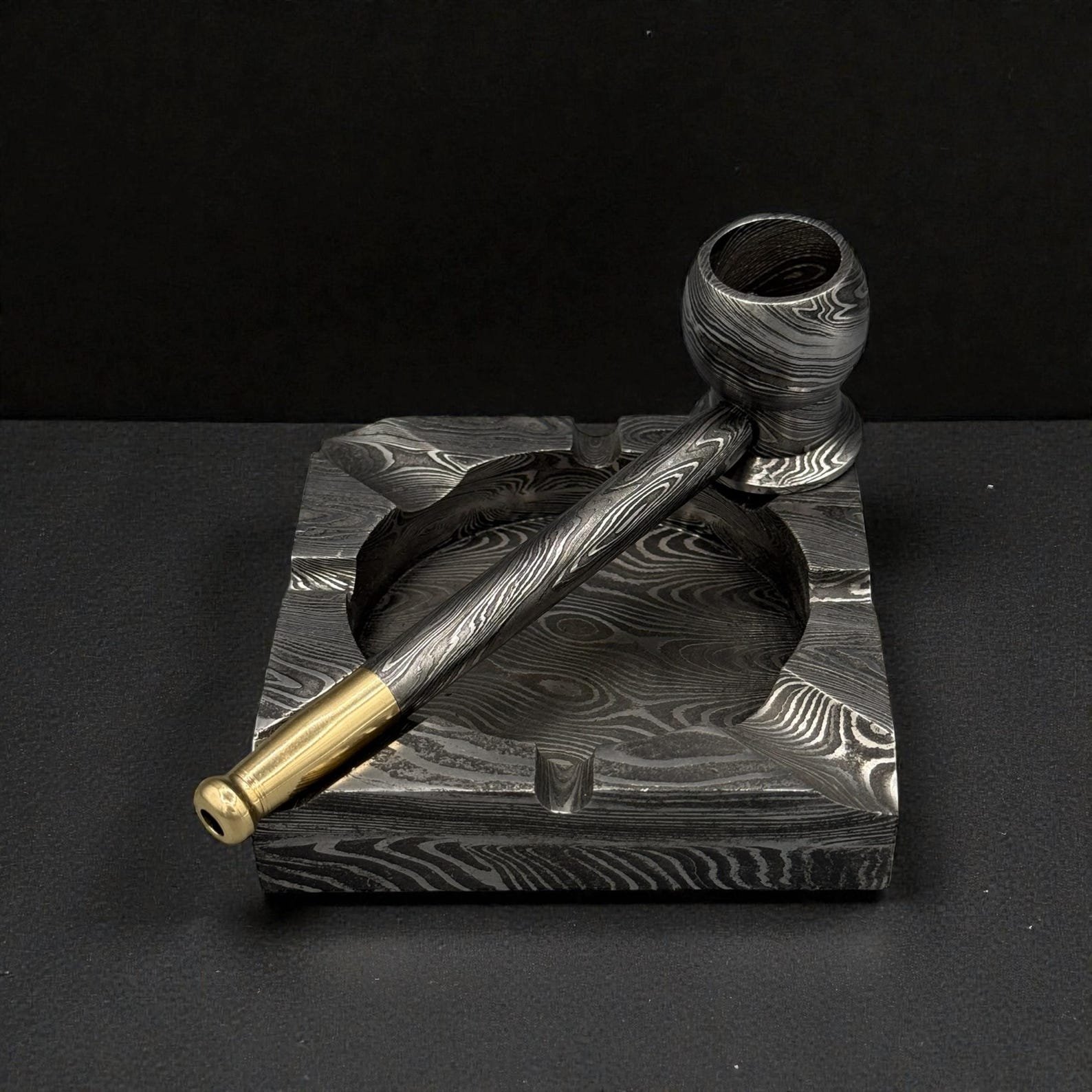 Custom Hand-Forged Damascus Steel Tobacco Pipe with Brass Accents - Image 4
