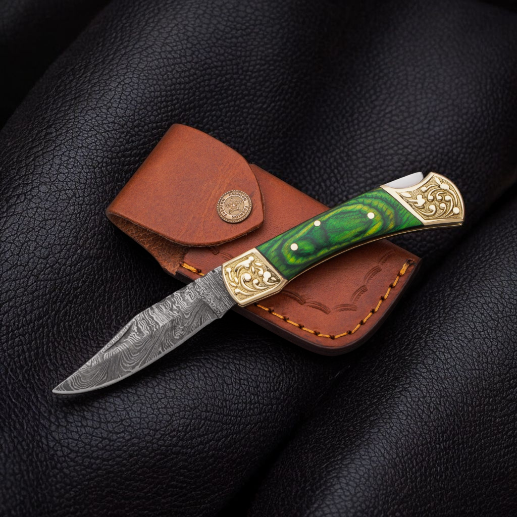 Handmade Damascus Folding Knife with Green Wood Handle