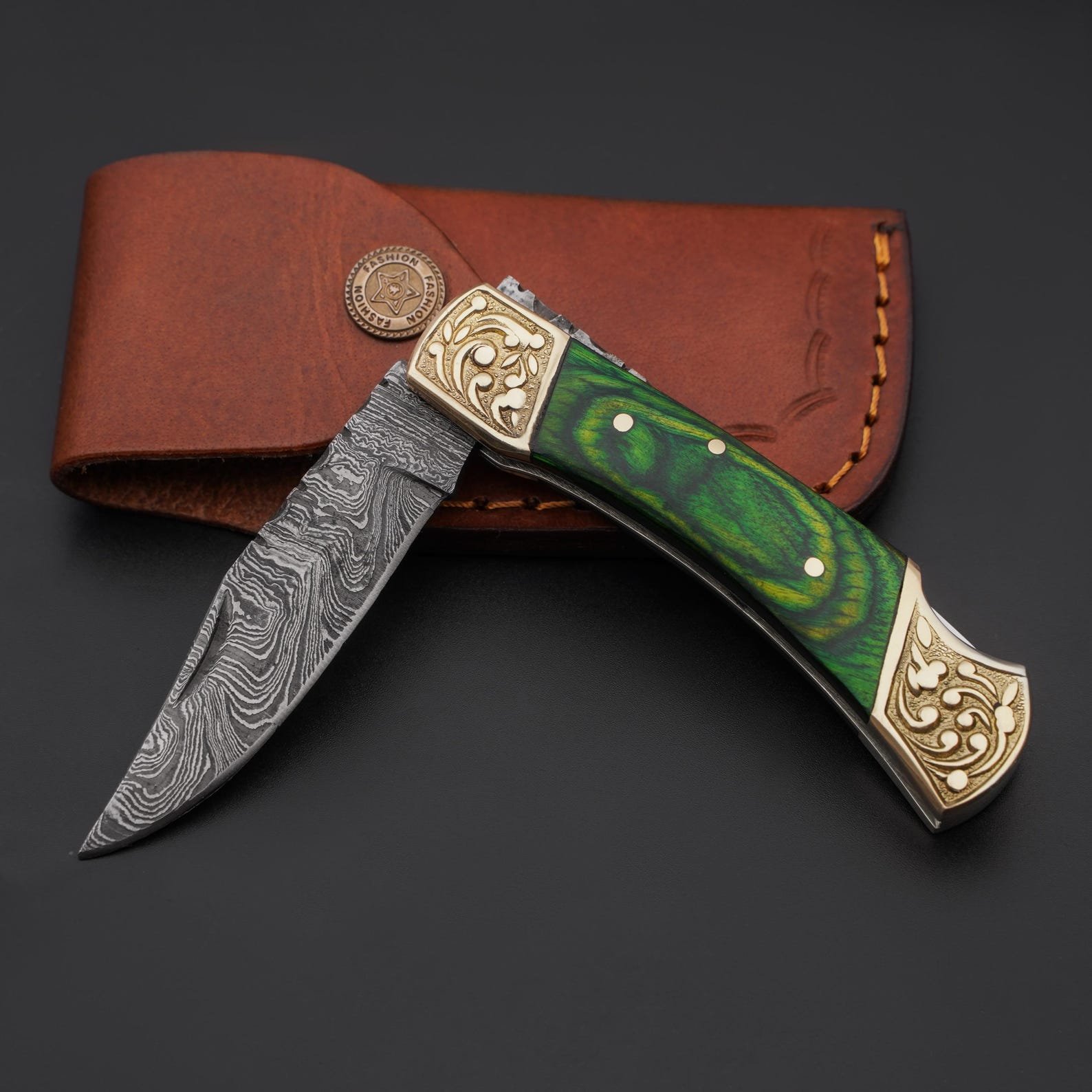 Handmade Damascus Folding Knife with Green Wood Handle - Image 2