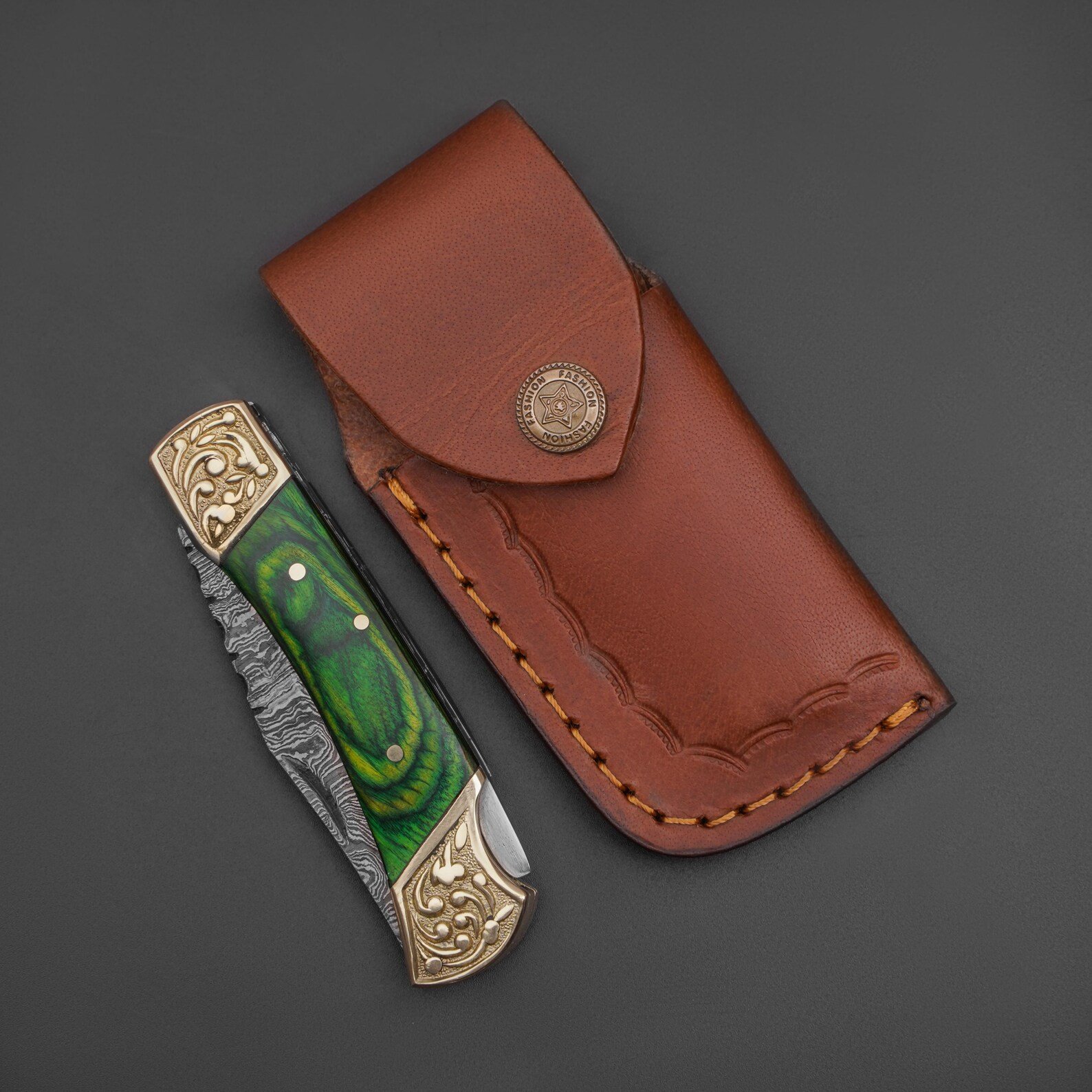 Handmade Damascus Folding Knife with Green Wood Handle - Image 3