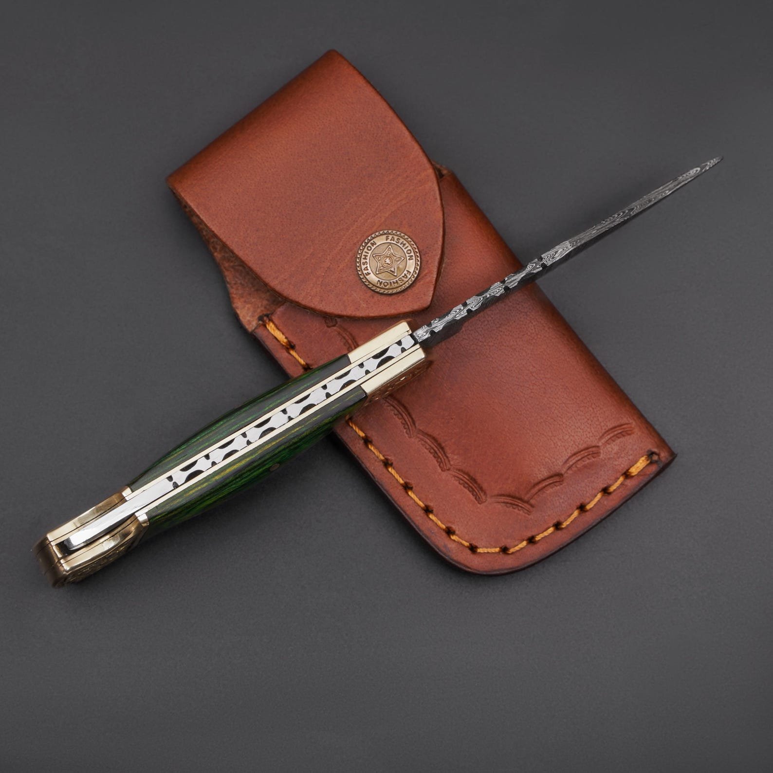 Handmade Damascus Folding Knife with Green Wood Handle - Image 4