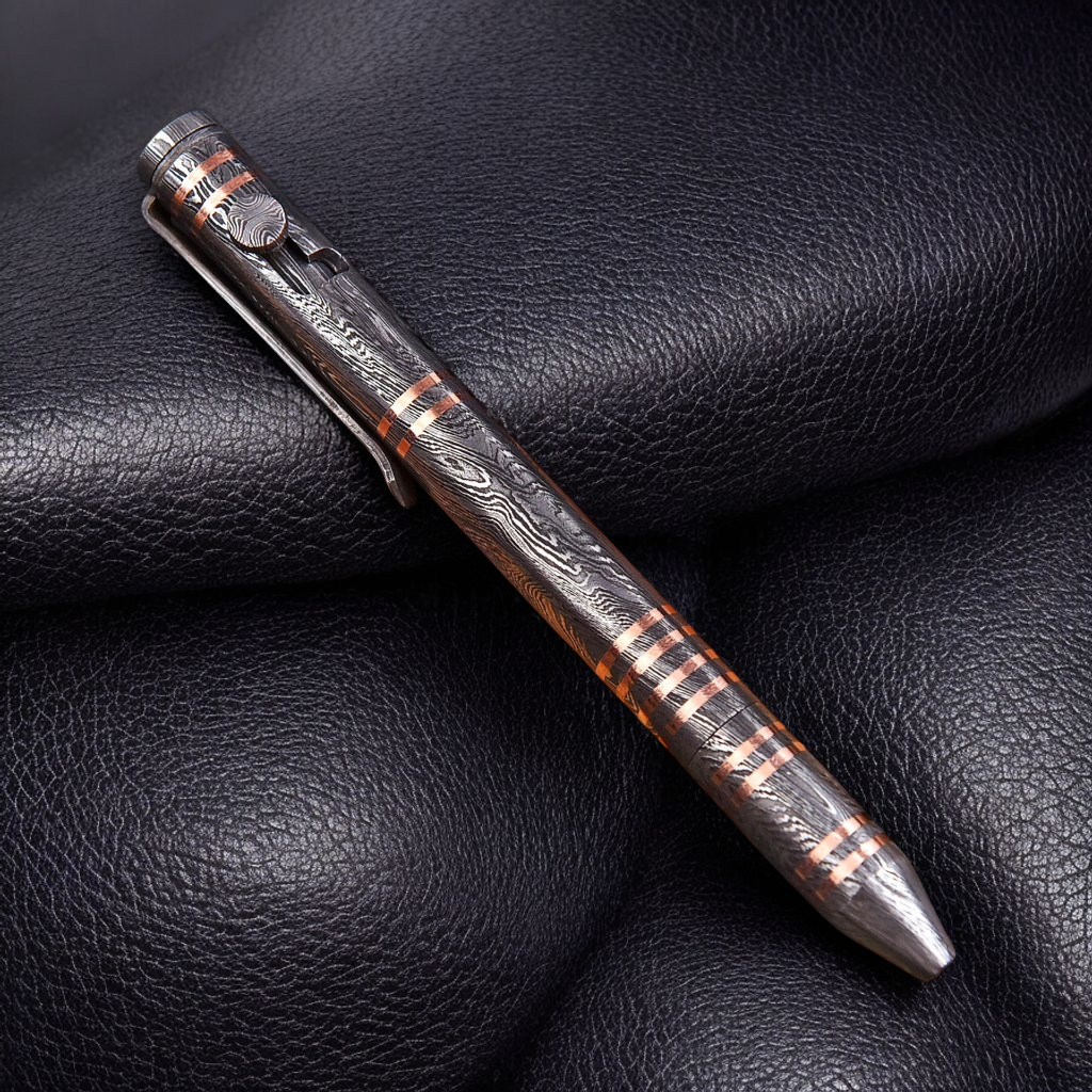 Hand-Forged Damascus Steel & Copper Bolt Action Pen