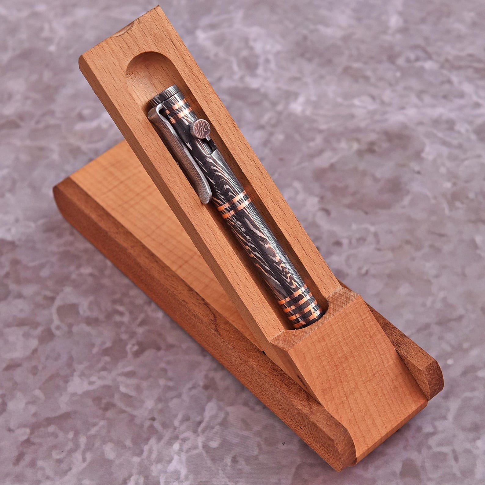 Hand-Forged Damascus Steel & Copper Bolt Action Pen - Image 2