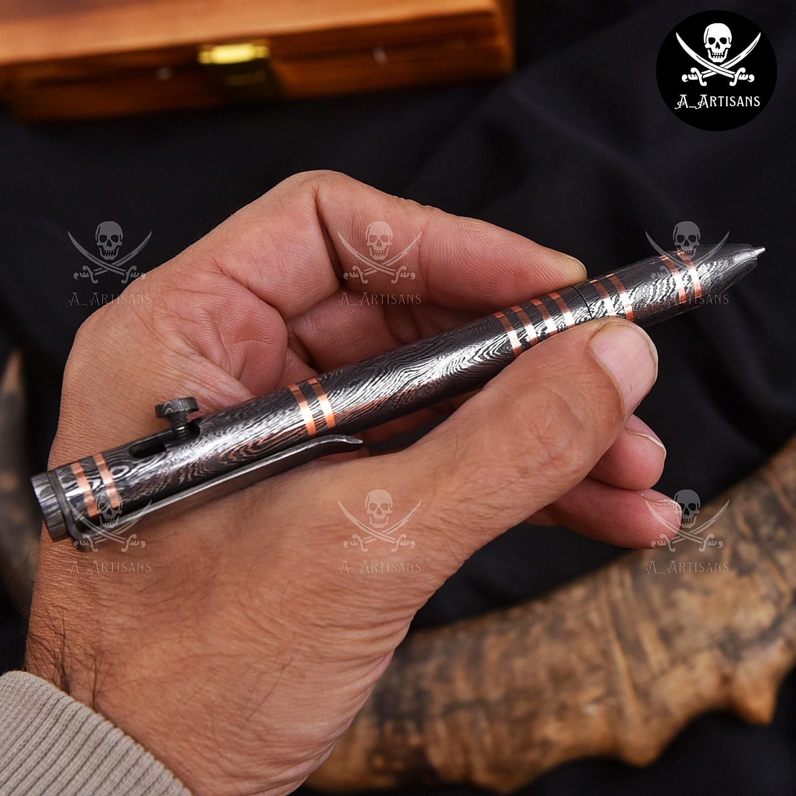 Hand-Forged Damascus Steel & Copper Bolt Action Pen - Image 3