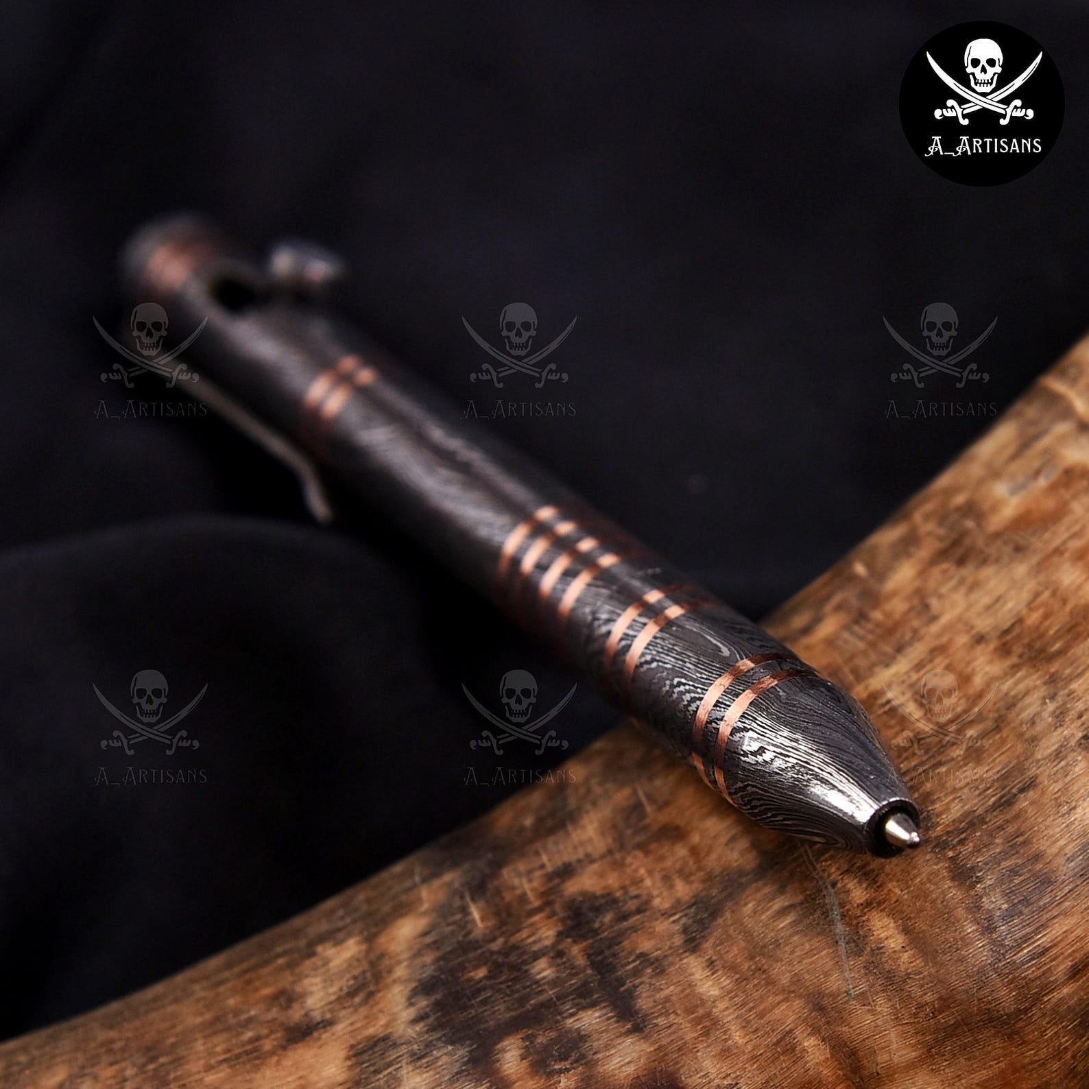 Hand-Forged Damascus Steel & Copper Bolt Action Pen - Image 4