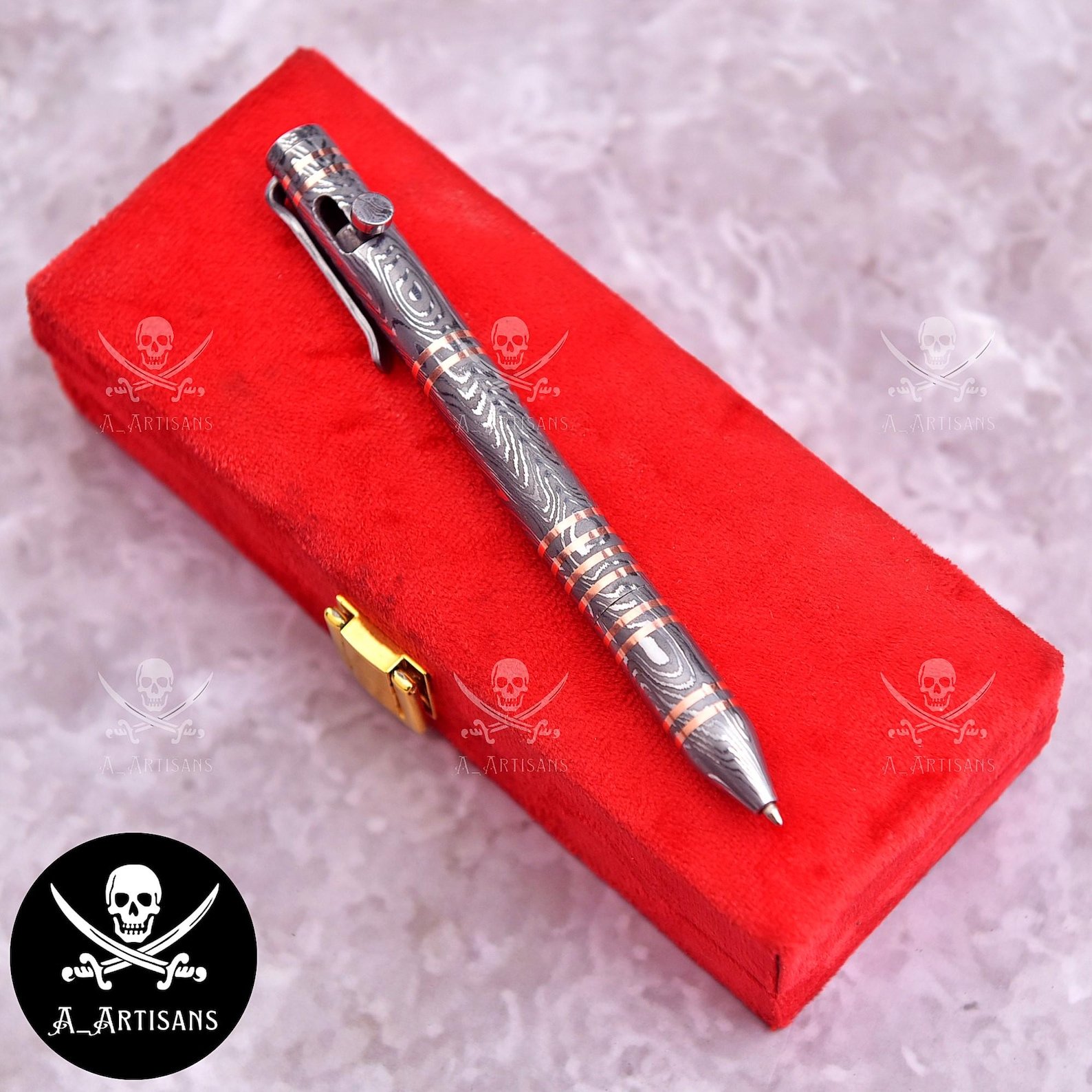 Hand-Forged Damascus Steel & Copper Bolt Action Pen - Image 5