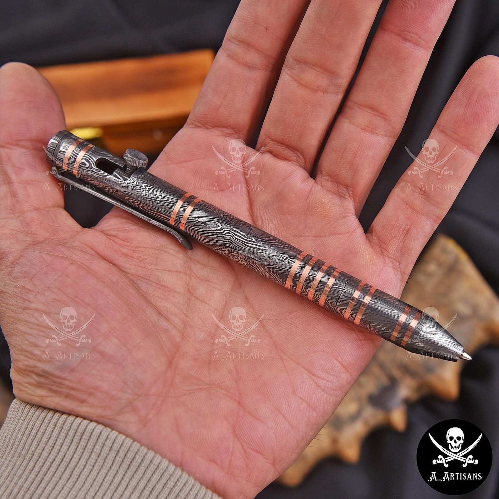 Hand-Forged Damascus Steel & Copper Bolt Action Pen - Image 6