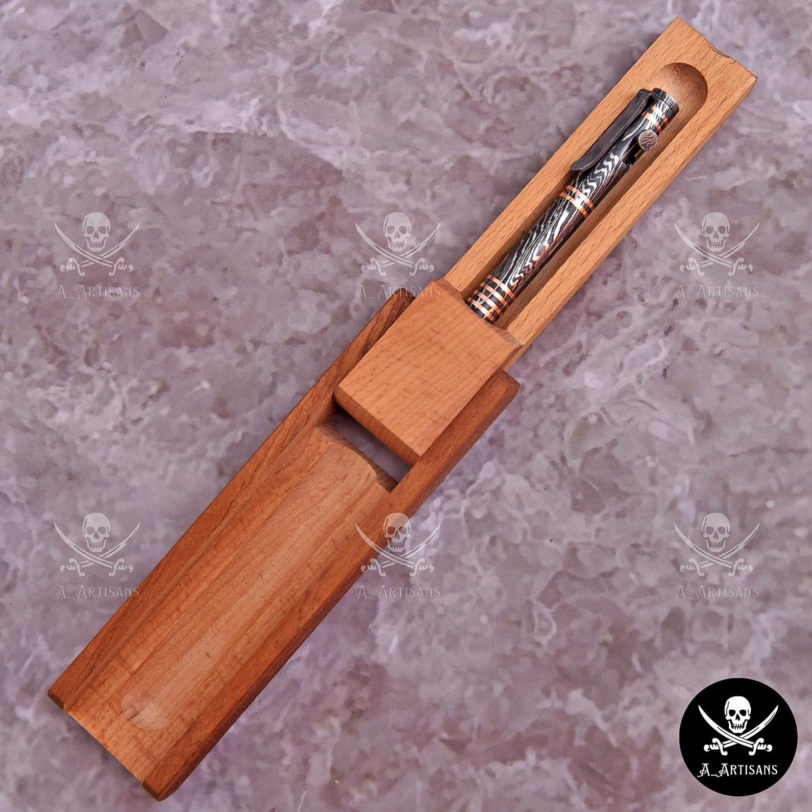 Hand-Forged Damascus Steel & Copper Bolt Action Pen - Image 7