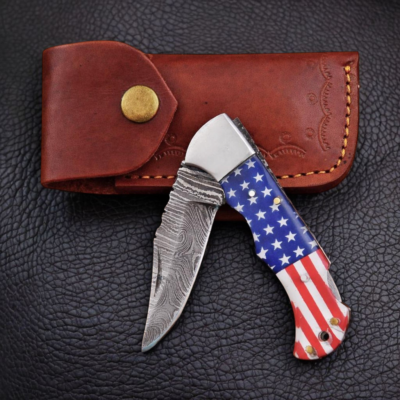 Custom Damascus Folding Knife American Flag Resin Handle