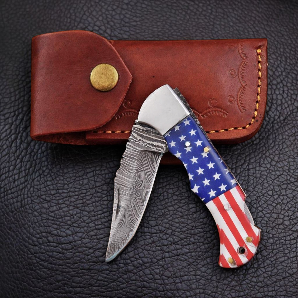 Custom Damascus Folding Knife American Flag Resin Handle